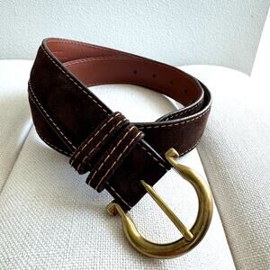 J. Hilburn Men's Brown Suede Orange Contrast Stitch Brass Buckle Belt Size 34